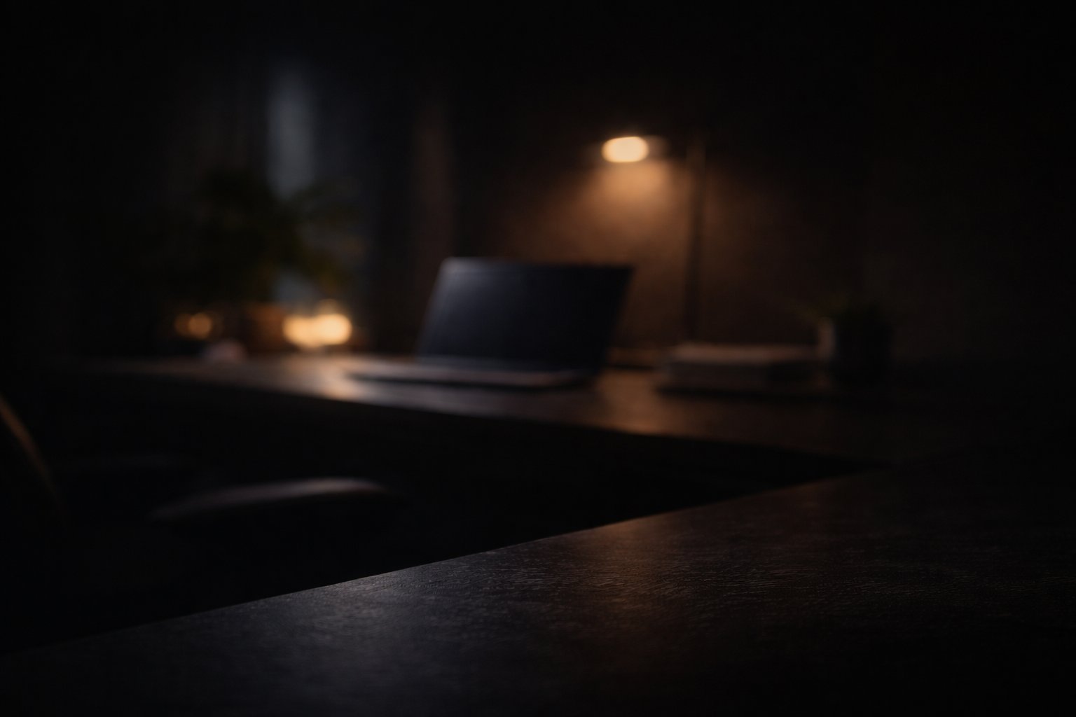 Dark desk workspace at night with laptop and warm desk lamp glowing in the background